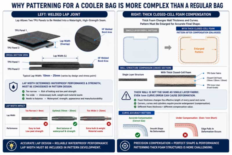 cooler backpack pattern-making showing weld lap allowance and thick closed-cell foam wall pattern compensation cooler backpack pattern-making showing weld lap allowance and thick closed-cell foam wall pattern compensation